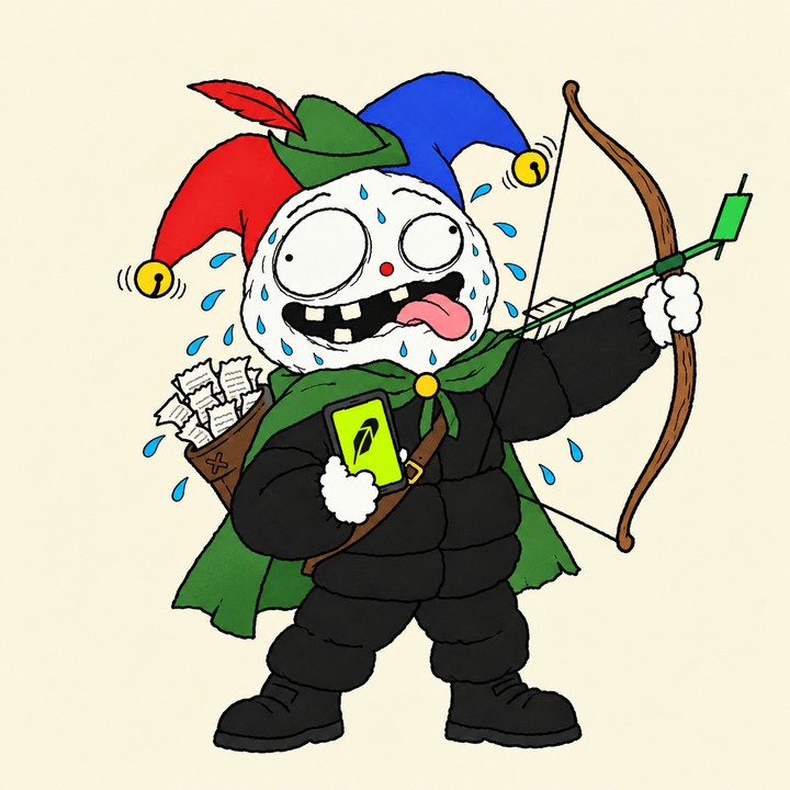 Fomni as the reverse Robin Hood: bow, candlestick arrow, quiver of receipts